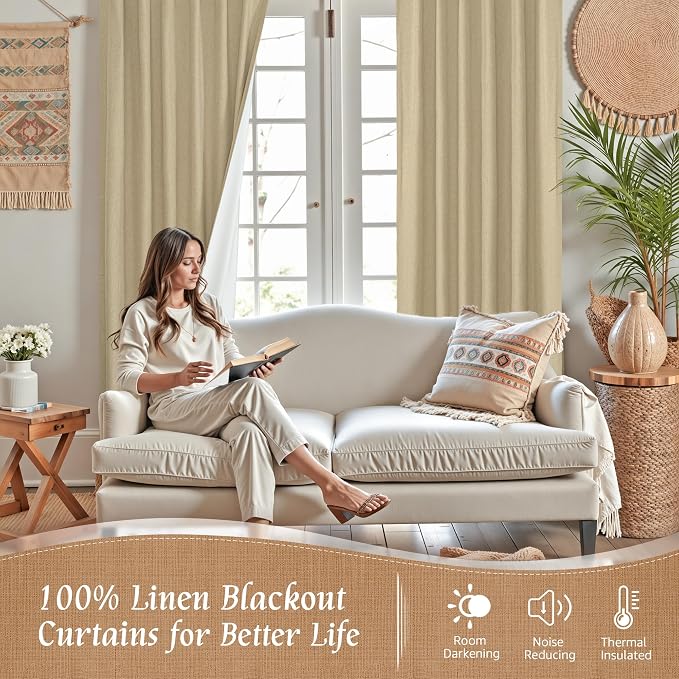 Natural 100% Blackout Linen Curtains 63 Inches - Image 2