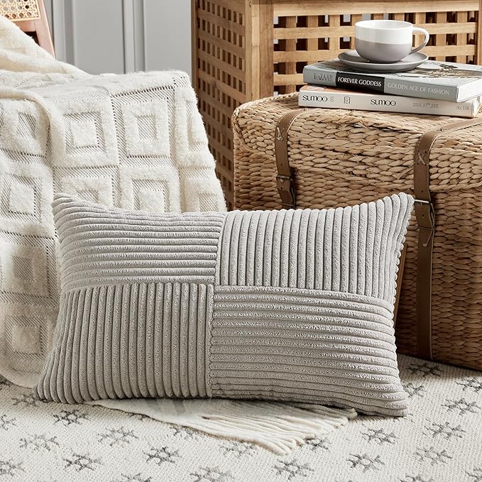 Fancy Homi 2 Packs Neutral Grey Lumbar Decorative Throw Pillow Covers 12x24 Inch - Image 2