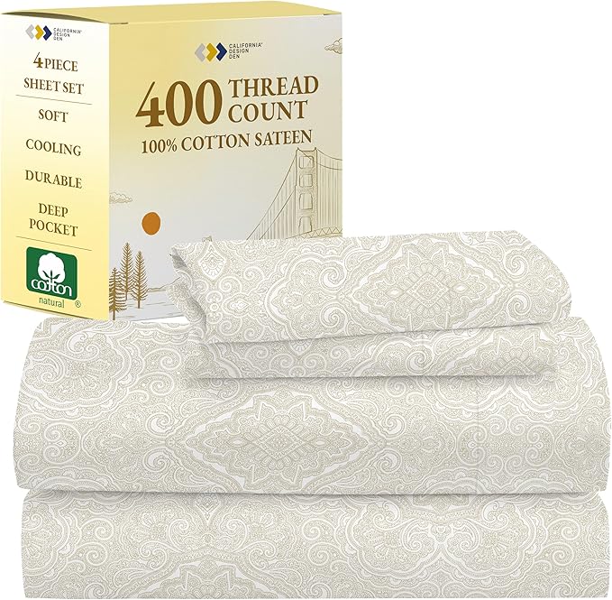 California Design Den Full Size Bed Sheets Set - 400 Thread Count Sateen, Natural 100% Cotton Sheets, Deep Pocket Cooling and Durable Bedding - Paisley Pattern, Beige