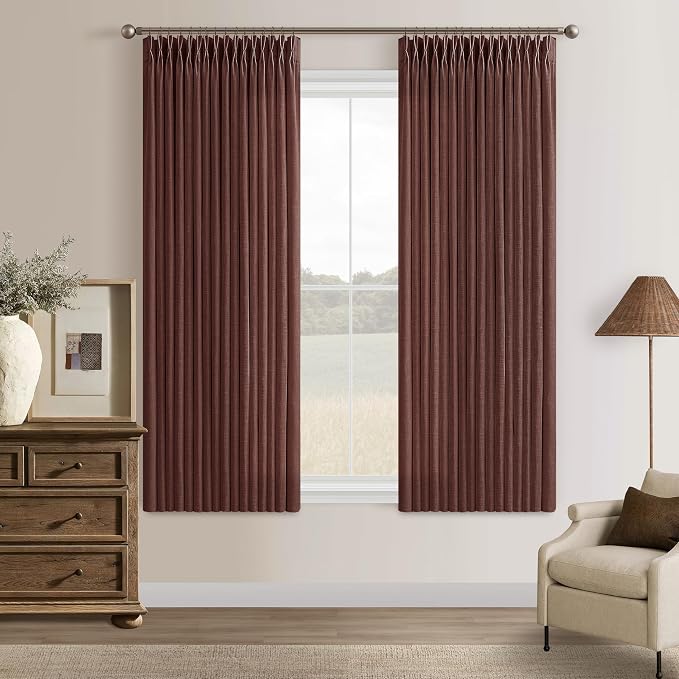 63 Inch Memory Train Linen Pleat Semi Sheer Reddish Brown Kitchen Curtains | by Twodrapes