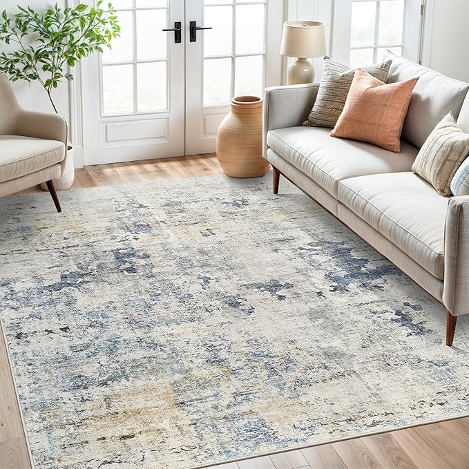 Soalmost Abstract Area Rug 6x9 for Living Room Washable Rugs Blue/Yellow | - Image 4