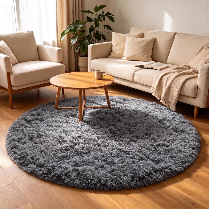 Grey Round Area Rugs 5ft, Fluffy Plush Shaggy Carpet by ONASAR
