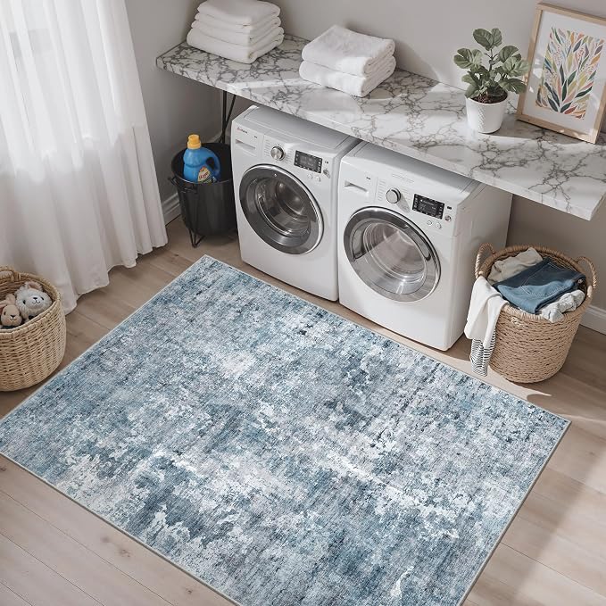 Soalmost Abstract 3x5 Rugs, Small Kitchen Entryway Area Rug Blue/Grey | Vintage - Image 4