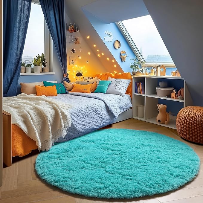 Teal Blue Round Rugs 5ft for Bedroom Living Room, Fluffy Circle Area Rug for - Image 4