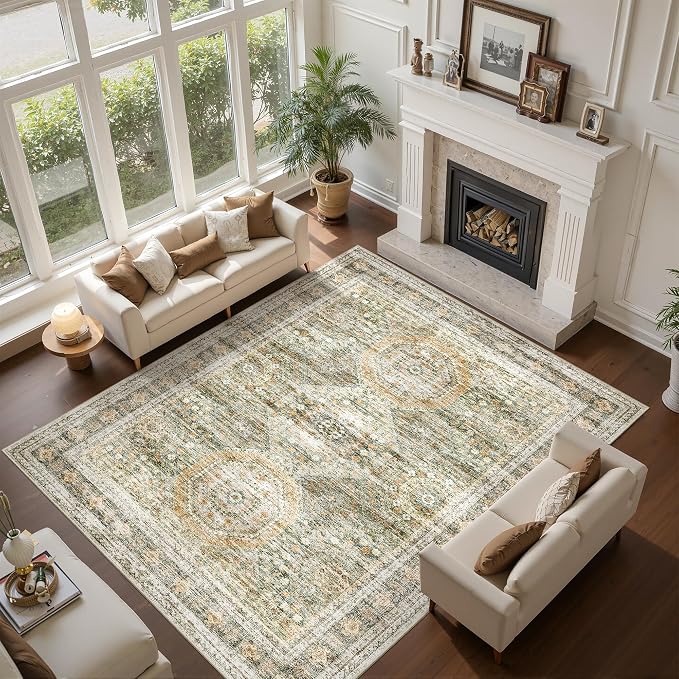 Soalmost Washable Area Rug 8x10 Large Soft Living Room Rugs Green/Orange | - Image 2