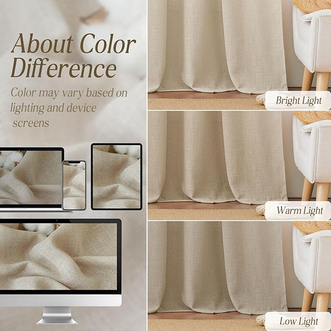 RYB HOME Linen Sheer Curtains for Living Room Bedroom Kitchen, Light Filtering Vertical Breathable Fabric Farmhouse Privacy Protection Window Drapes, W 60 x L 95 inches, Beige, 1 Panel