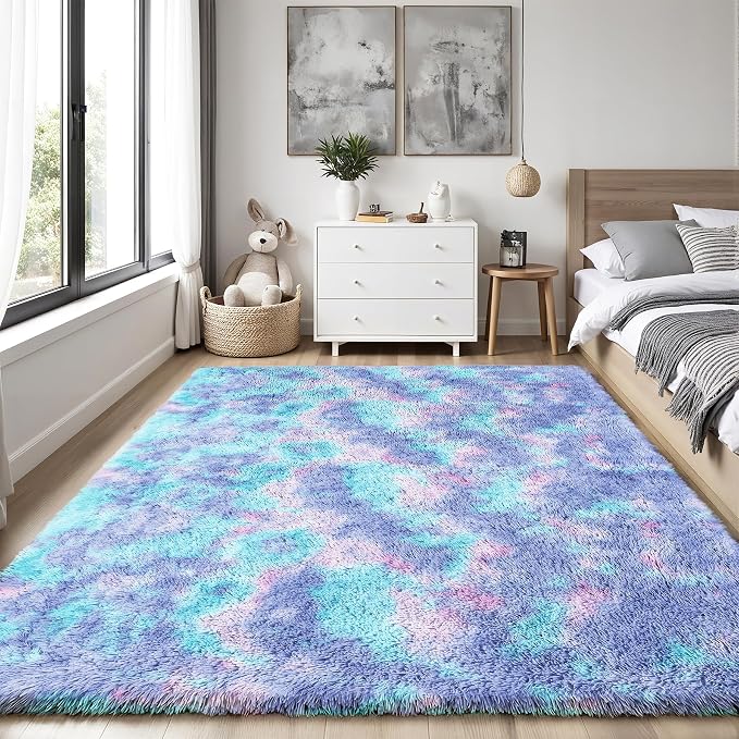 PLHXFR 6x9 Area Rugs Living Room: Fluffy Bedroom Soft Shag Rug Kid Rainbow | - Image 2