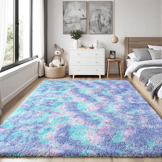 PLHXFR 5x7 Area Rugs Living Room: Fluffy Bedroom Soft Shag Rug Kid Rainbow | - Image 2