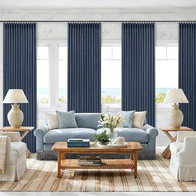 100% Black Out Pinch Pleated Linen Boho Curtains Navy Blue 80 Inch Length | - Image 9