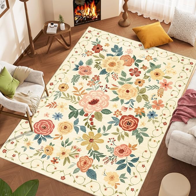 DUKINO 9x12 Area Rug for Living Room, Washable Rug Non Slip, Low Pile, Floral - Image 3