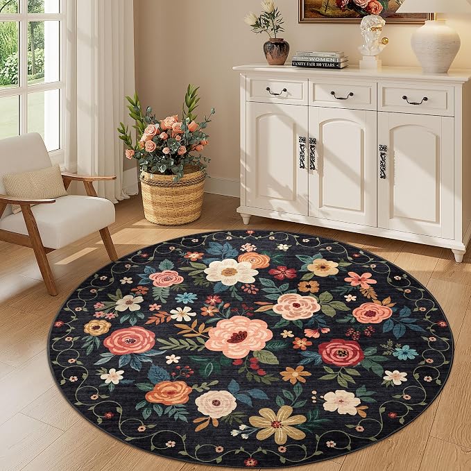 DUKINO 5ft Round Rug, Non Slip Floral Washable Small Circle Rug, Low Pile - Image 4