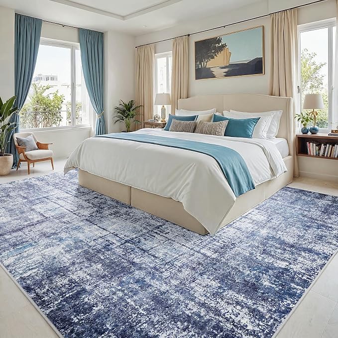 9x12 Washable Area Rug for Living Room Bedroom: Non-Slip Modern Navy Blue | - Image 2