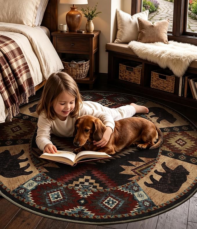 Southwestern Round Rug 6ft, Low Pile Soft Circle Area Rug - Image 7