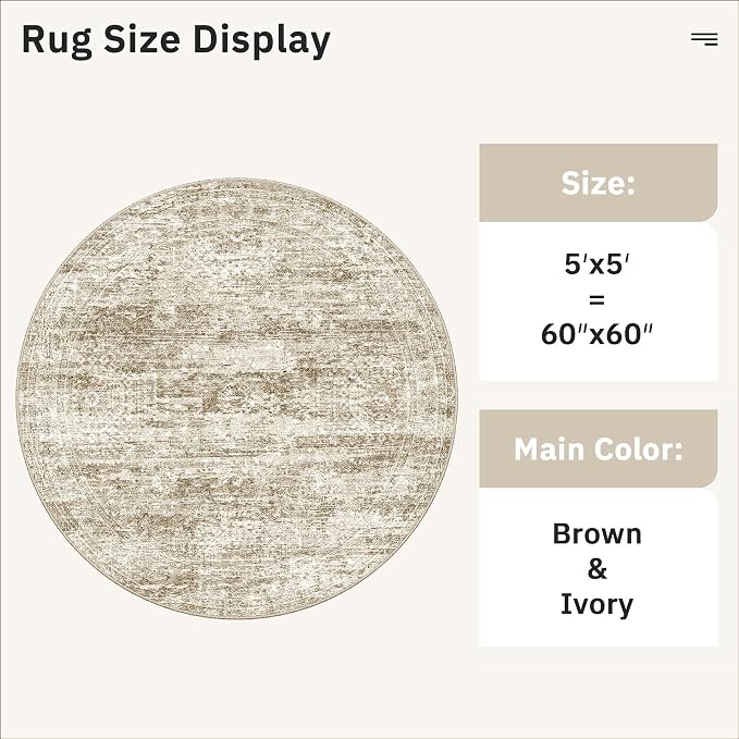 Soalmost 5x5 Brown Round Rug 6ft Circle Living Room Area Rugs Non-Slip | - Image 5