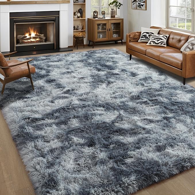 Noahas 8x10 Extra Large Tie-Dyed Blue and Grey Fluffy Area Rug Non-Slip by ModernHomeDecor