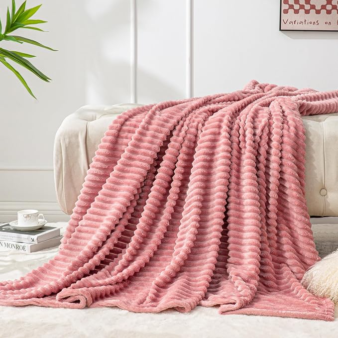 BEDELITE 3D Ribbed Jacquard Pink Fleece Twin Blanket - Image 7