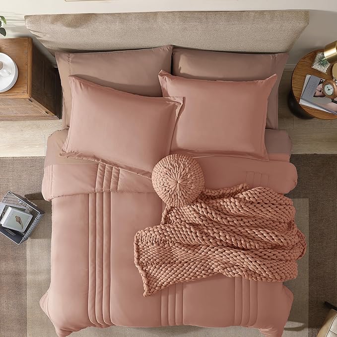 Monbix King Size Comforter Set - 7 Pieces Bed in a Bag King, Clay Pink Bedding Sets with Comforter, All Seasons Down Alternative Comforter Bed Set with Sheets, Pillowcases & Shams