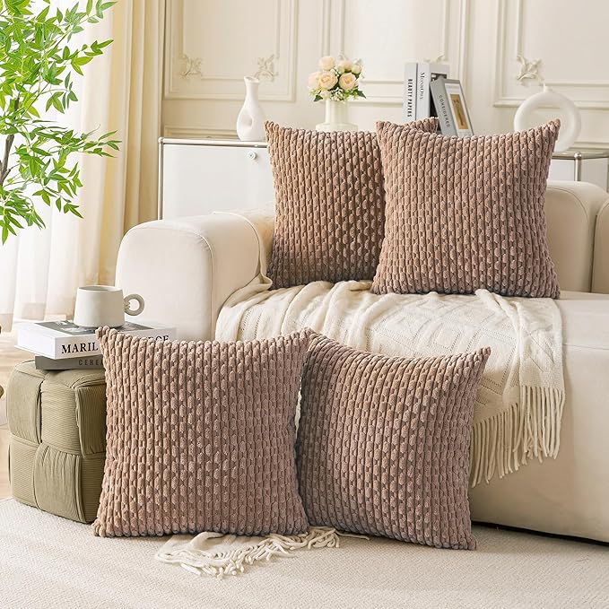Set of 4 Light Brown Decorative Throw Pillow Covers 22x22 Inch Corduroy Pillow by Cozoomy