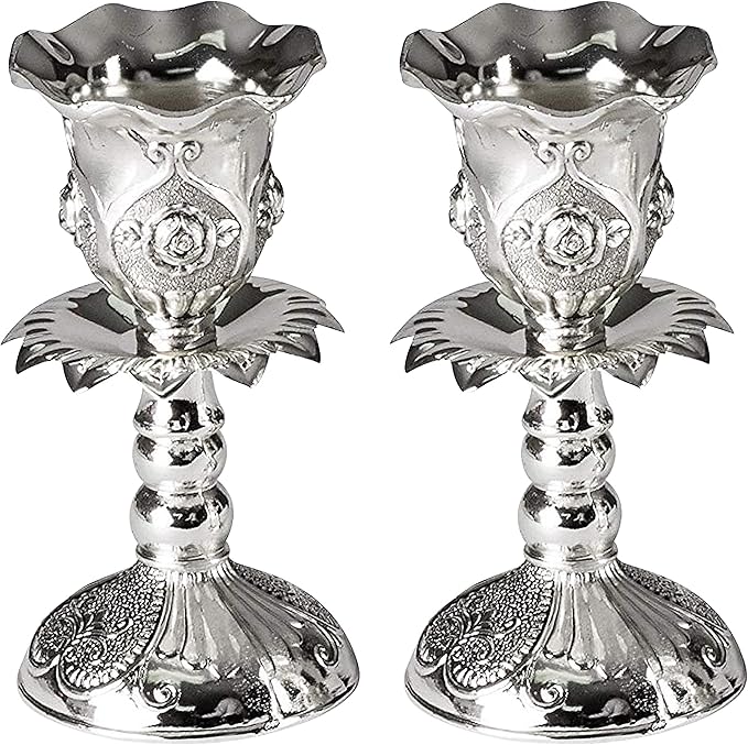 Ner Mitzvah Silver Plated Candlesticks, Pair of 4 Inch Ornate Candle Holders with Round Base and Floral Design (Pack of 2)