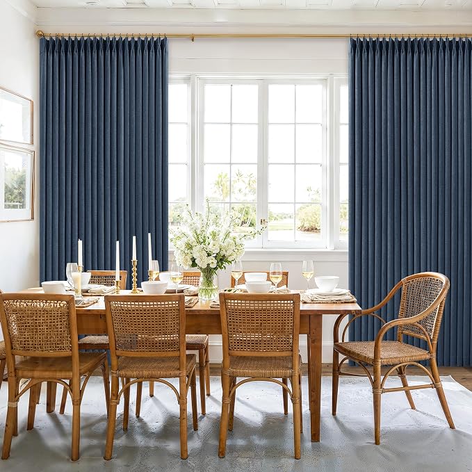 Navy Blue 108 Inch Pinch Pleated Blackout Linen Bedroom Curtains 2 Panels | - Image 7