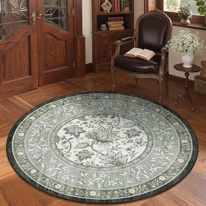 GarveeHome Provence Fog Gray Botanical Grove 5ft Round Rug, Small Circle - Image 3