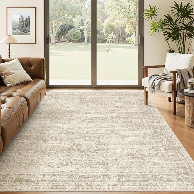 Soalmost 5x8 Area Rugs Beige Low Pile Washable Trendy Faded Style Rug | Vintage by Soalmost