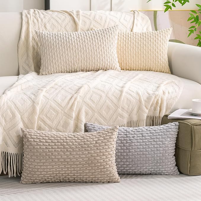 Set of 4 Neutral Decorative Throw Pillow Covers 12x20 Inch Corduroy Pillow by Cozoomy