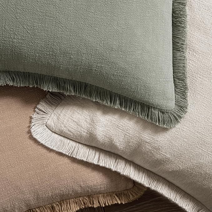 MIULEE Linen Fringe Decorative Euro Pillow Covers Natural Beige 24x24 | Set of 2 - Image 4
