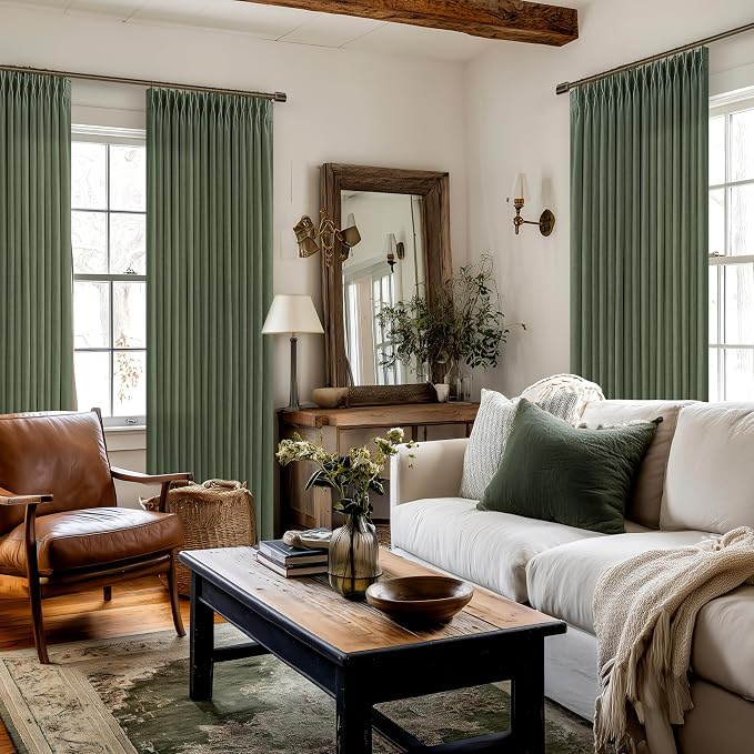 Green Pinch Pleated Linen Light Filter Memory Shape Curtains 90 Inch Long | - Image 7