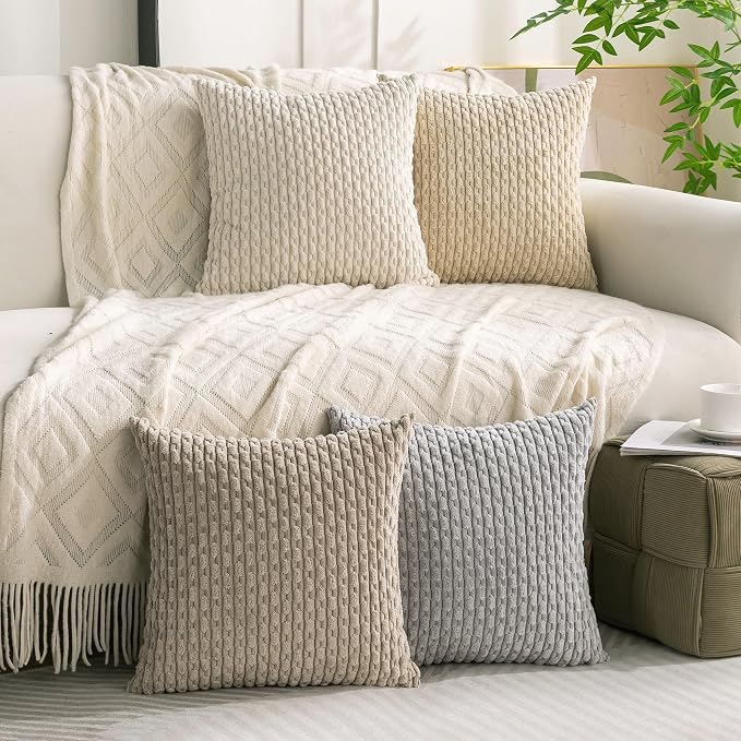 Set of 4 Neutral Decorative Throw Pillow Covers 18x18 Inch Corduroy Pillow - Image 9
