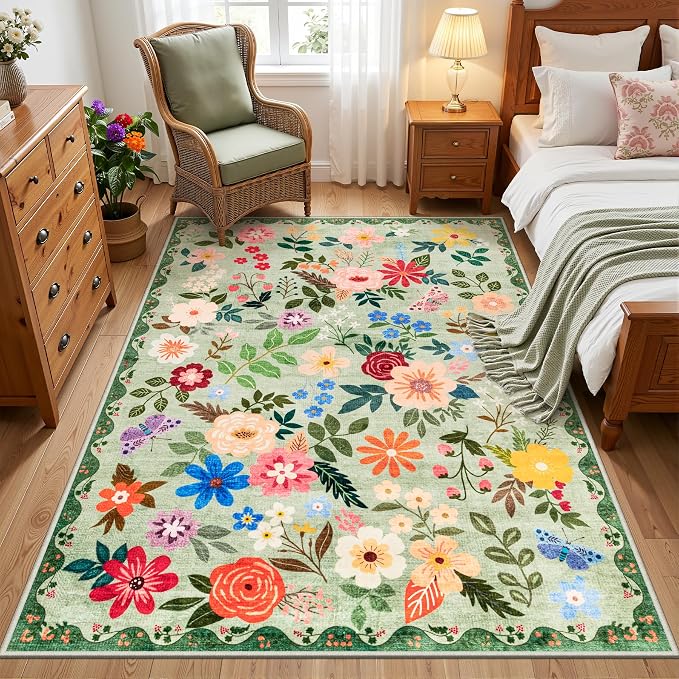 PLHXFR Area Rug Living Room: 3x5 Floral Washable Boho Soft Carpet Green | - Image 2