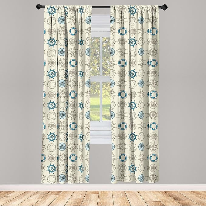 Ambesonne Compass Window Curtains, Marine Themed Doodle Art Vintage Inspirations Traveling Exploration Cruise Pattern, Lightweight Decor 2-Panel Set with Rod Pocket, Pair of - 28" x 84", Beige Teal