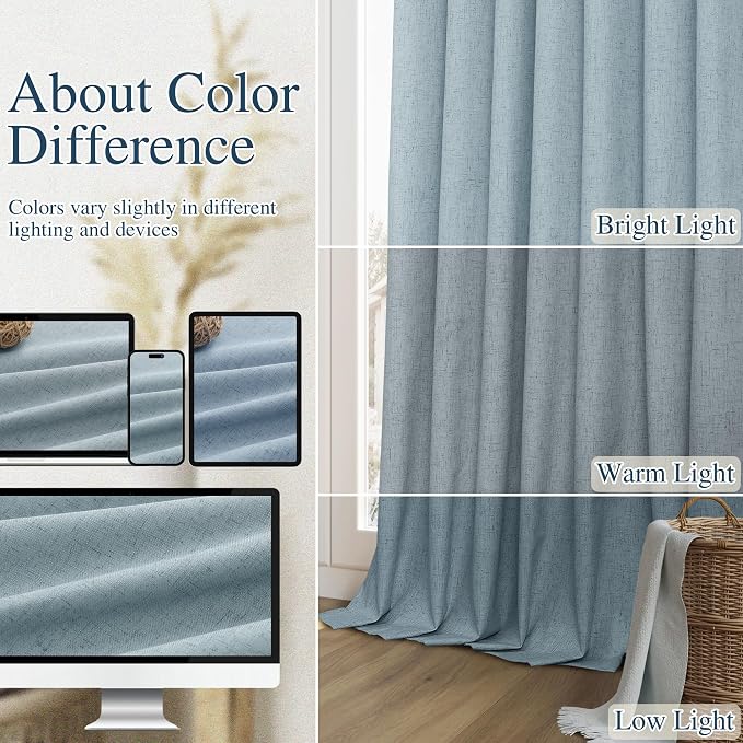 Blue 100% Blackout Linen Curtains 102 Inch Length 2 Panels Set - Image 7