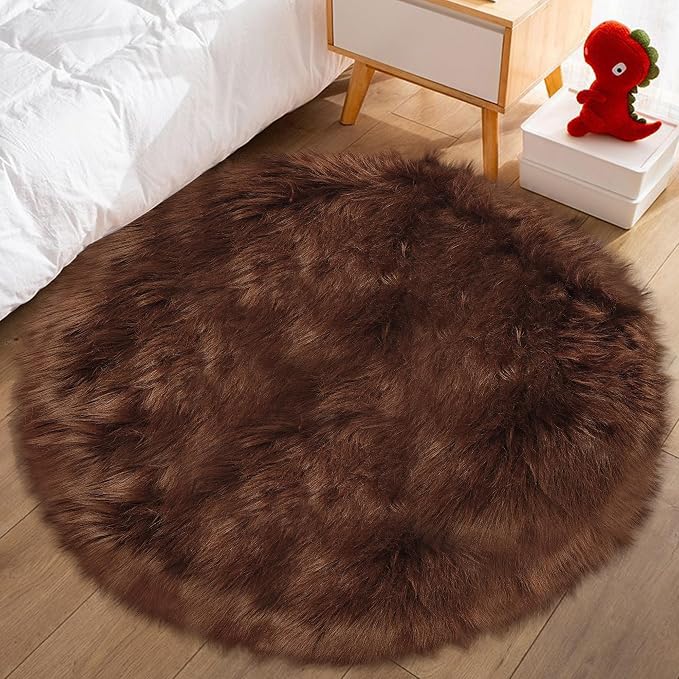 3ft Small Round Brown Rug, Thick Furry Fluffy Carpet by TENNOLA