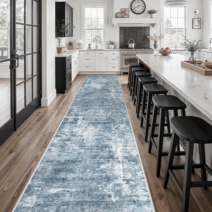 Soalmost Hallway Runner Rug 2'6" x 16' Kitchen Rugs Abstract Blue/Grey | - Image 3