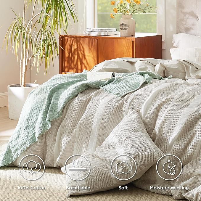 Bedsure Waffle Weave Duvet Cover King - 100% Cotton Boho Duvet Cover with 2 Pillowcases - Linen Color Textured Comforter Cover with Zipper Closure (King, 104"x90")