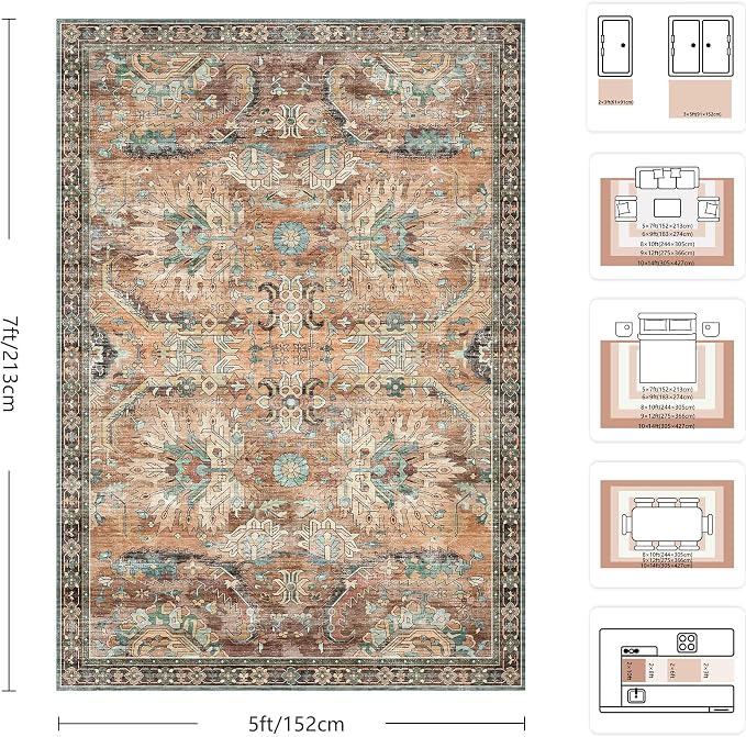 5x7 Area Rugs, Vintage Retro Soft Washable Rug, Non-Slip Low Pile Rugs - Image 2