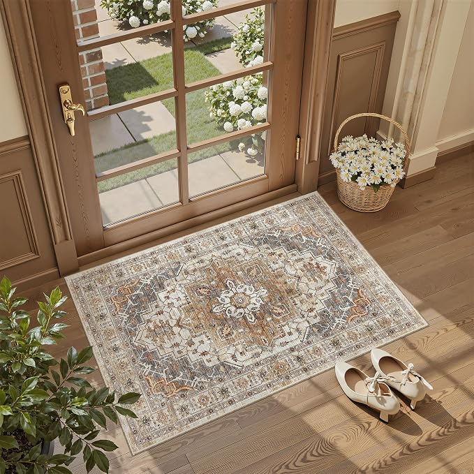 Madane Washable Area Rug 2x3 Small Entryway Rugs Non-Slip, Turmeric/Grey | - Image 2