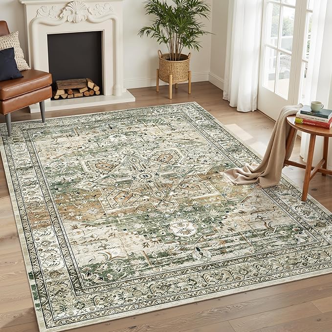 Soalmost 6x9 Area Rug for Living Room Washable Rugs Non-Slip Olive Beige | - Image 2