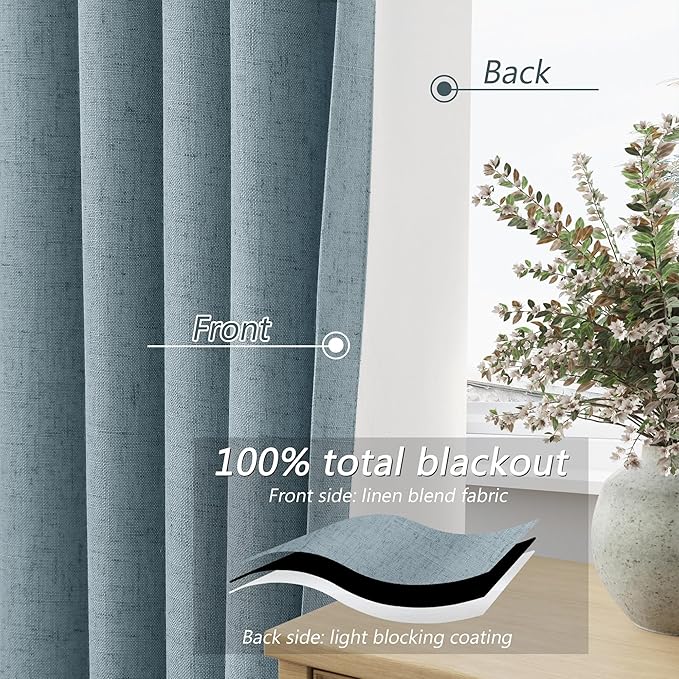 Blue 100% Blackout Linen Curtains 80 Inch Length 2 Panels Set - Image 4