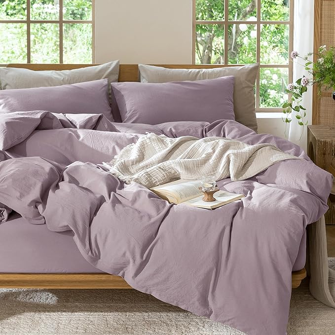 MooMee Bedding Duvet Cover Set 100% Washed Cotton Linen Like Textured Breathable Durable Soft Comfy (Solid Taro Purple, Alaska King 132"x120")
