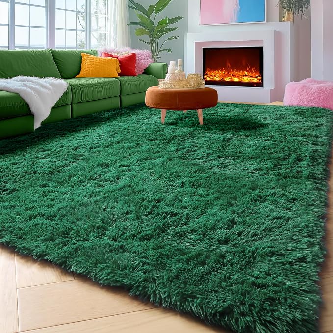 Dark Green Area Rugs for Living Room Bedroom, 5x8 Fluffy Shaggy Large Rug - Image 5