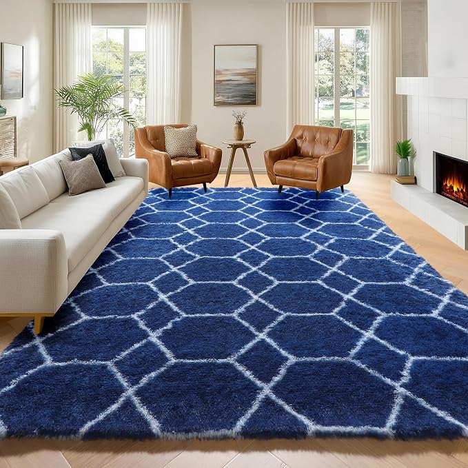 6x9 Area Rugs for Living Room Bedroom, Fluffy Navy and White Geometric Rug | by ONASAR