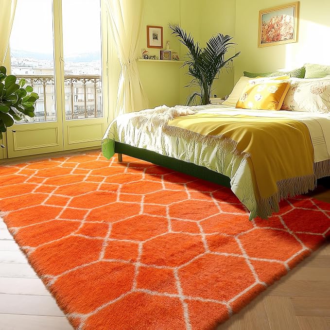 Area Rugs for Living Room, 5x8 Fluffy Orange and White Bedroom Trellis Rug | - Image 6