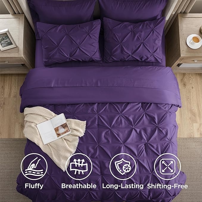 Bedsure Full Comforter Set Purple - Bed in a Bag Full Size Bedding Set 7 Pieces, GentleSoft™ Pintuck Bed Set Gift for Family, Pinch Pleat All Season Comforter with Sheets, Pillowcases & Shams