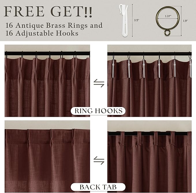 108 Inch Chestnut Brown Linen Pleated Light Filtering Curtains - Image 4