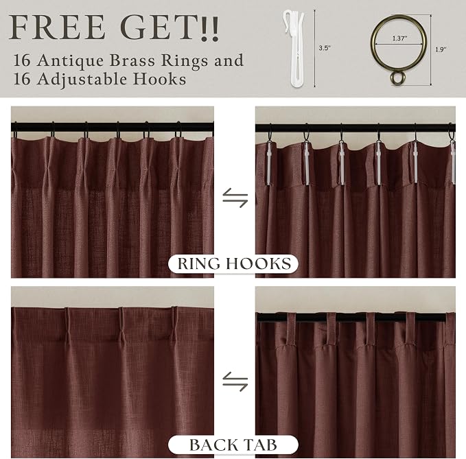 Linen Pleated Light Filter Sheer Rust Brown Curtains 80 Inch Long | Pleat Red - Image 4