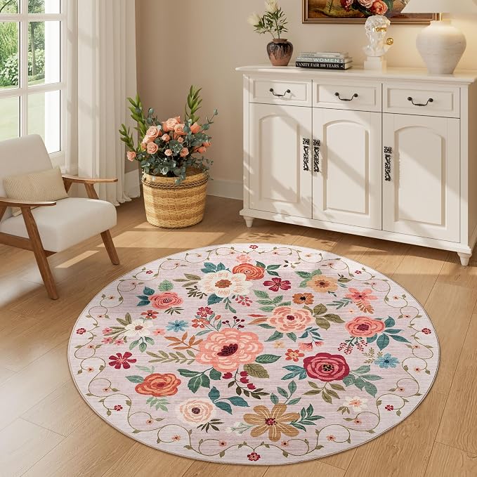 DUKINO 4ft Round Rug, Floral Washable Small Round Area Rug Non Slip, Low Pile by DUKINO