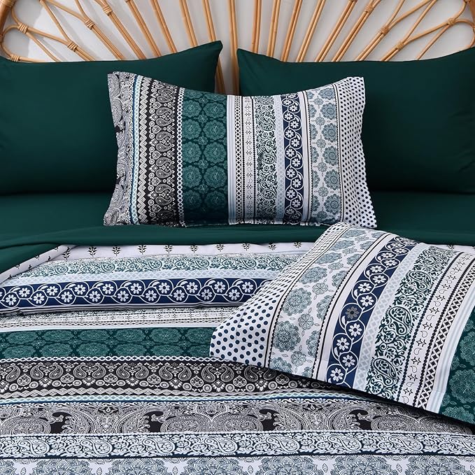 Cottolester Boho Comforter Set Queen Size,8 Pieces Emerald Green Bohemian Striped Bed in a Bag,Paisley Soft Microfiber Bedding Comforter Set