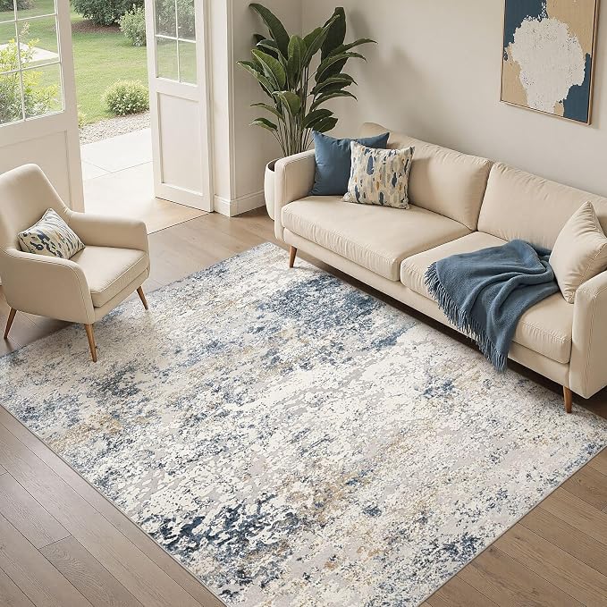 DMOYEST Area Rug Living Room Rugs 5x7 Washable Abstract Beige Blue Carpet | - Image 4